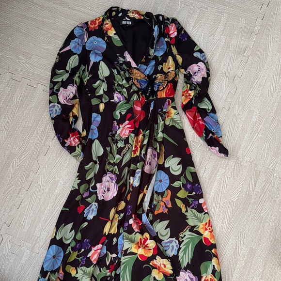 Anna Sui Dresses & Skirts - Black Floral Long-Sleeve Maxi Dress with Butterfly Detail